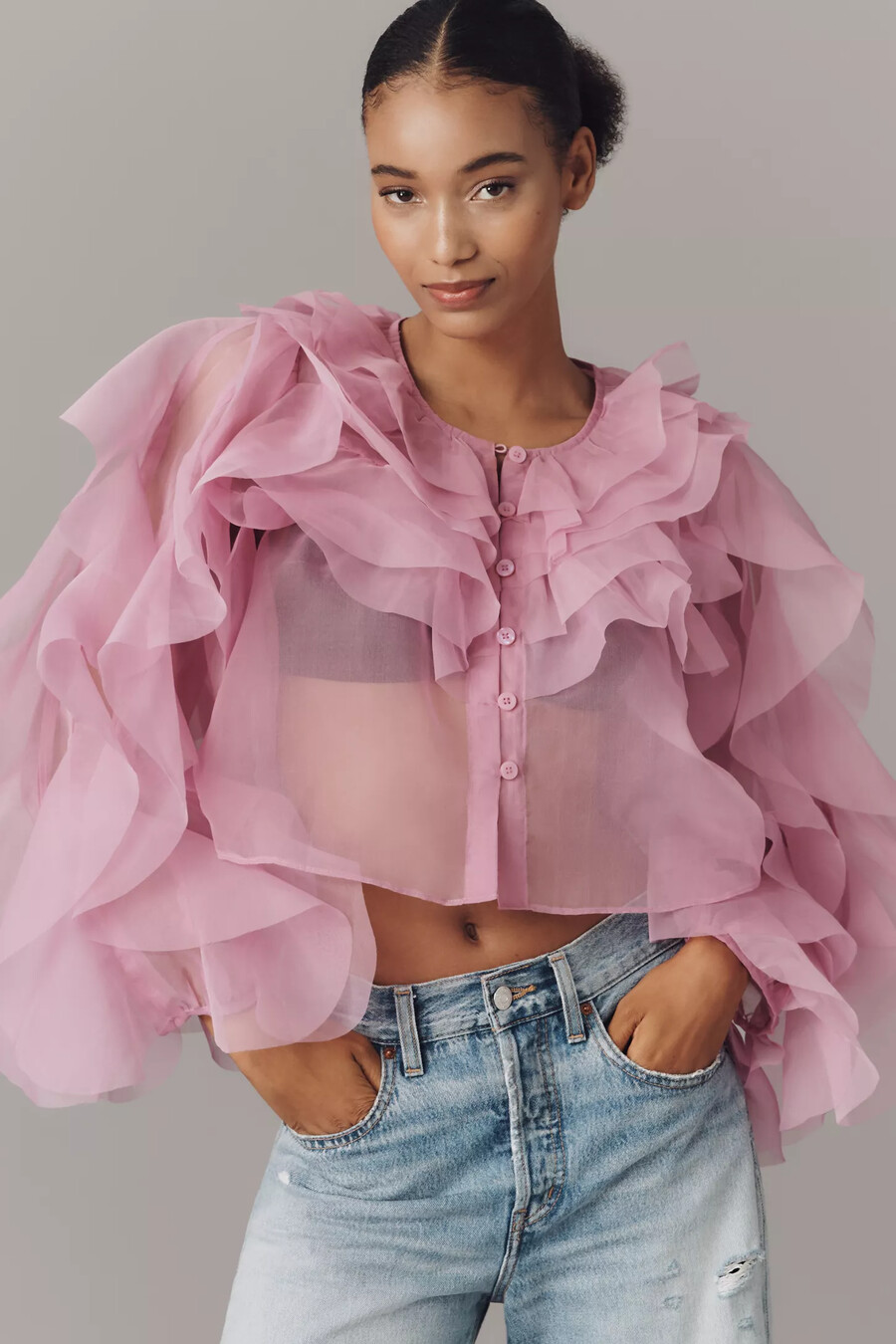 top transparente con volantes de organza maeve