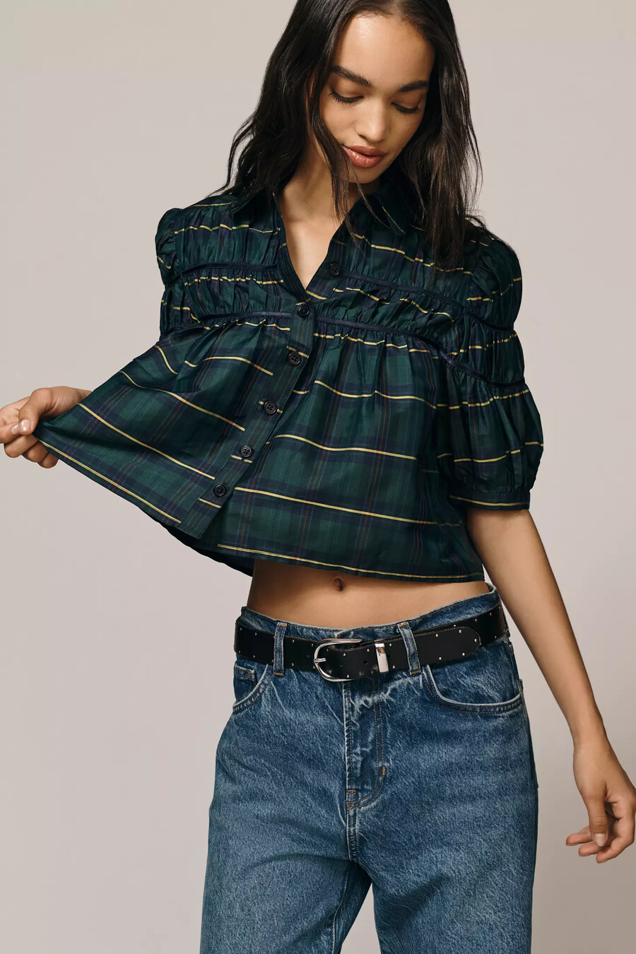 blusa con canesú fruncido de tafetán leandra de maeve