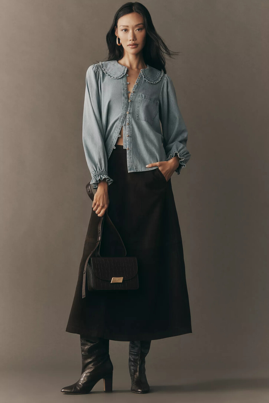blusa keira con cuello y botones delanteros de pilcro edición vaquera de manga larga