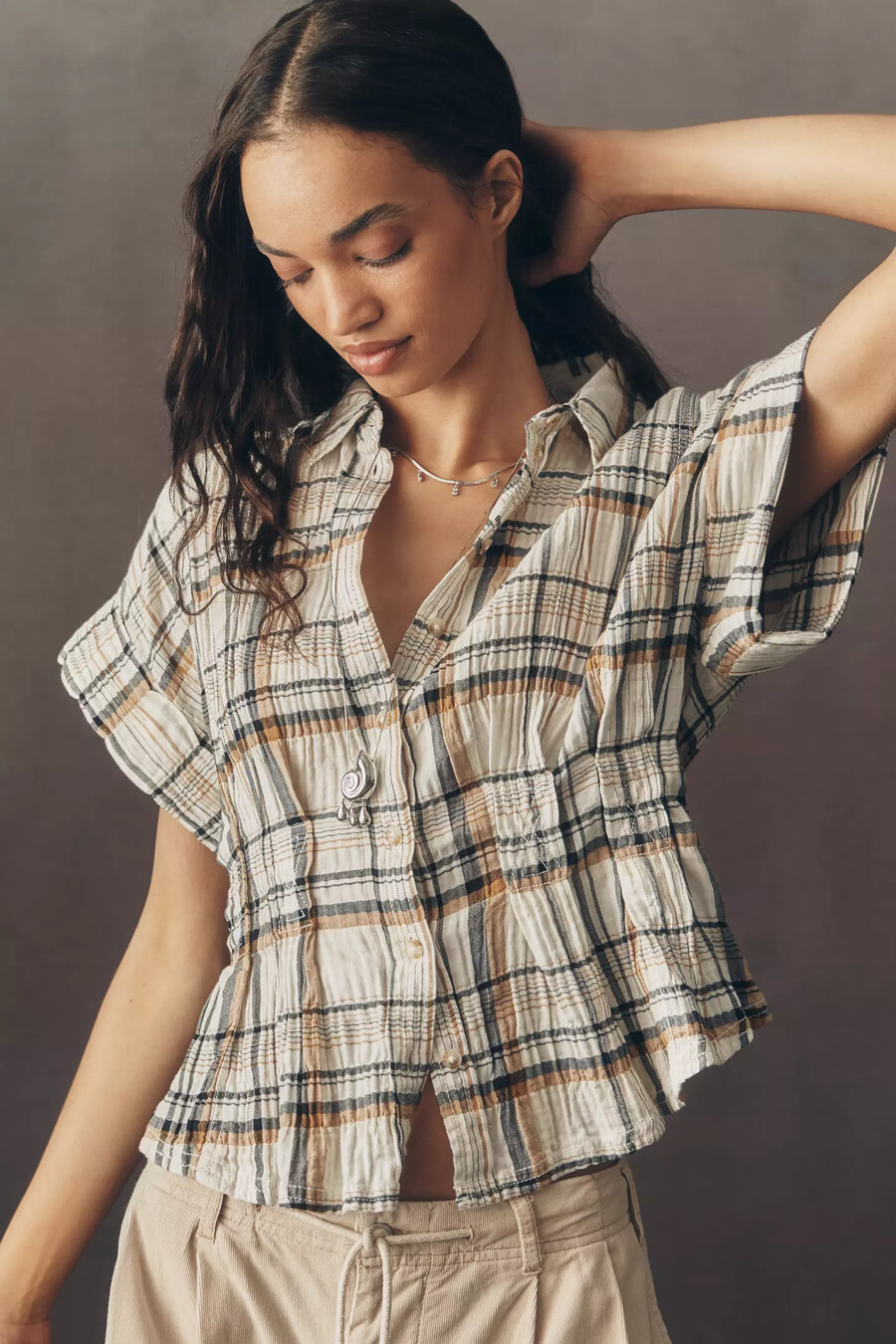 blusa a cuadros bobbie de manga corta y cintura ajustada de pilcro