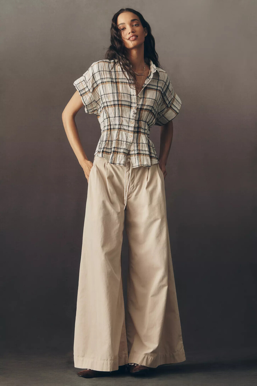 blusa a cuadros bobbie de manga corta y cintura ajustada de pilcro