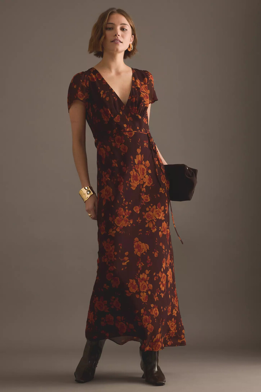 kitri talia vestido largo con estampado de rosas otoñales