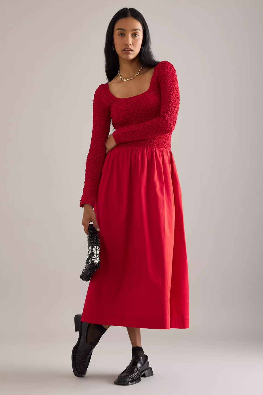 vestido midi fruncido de manga larga malinda de damson madder
