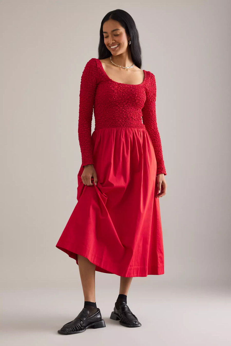 vestido midi fruncido de manga larga malinda de damson madder