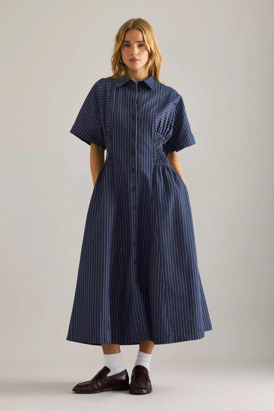 vestido camisero midi de rayas vaqueras poppy de anthropologie