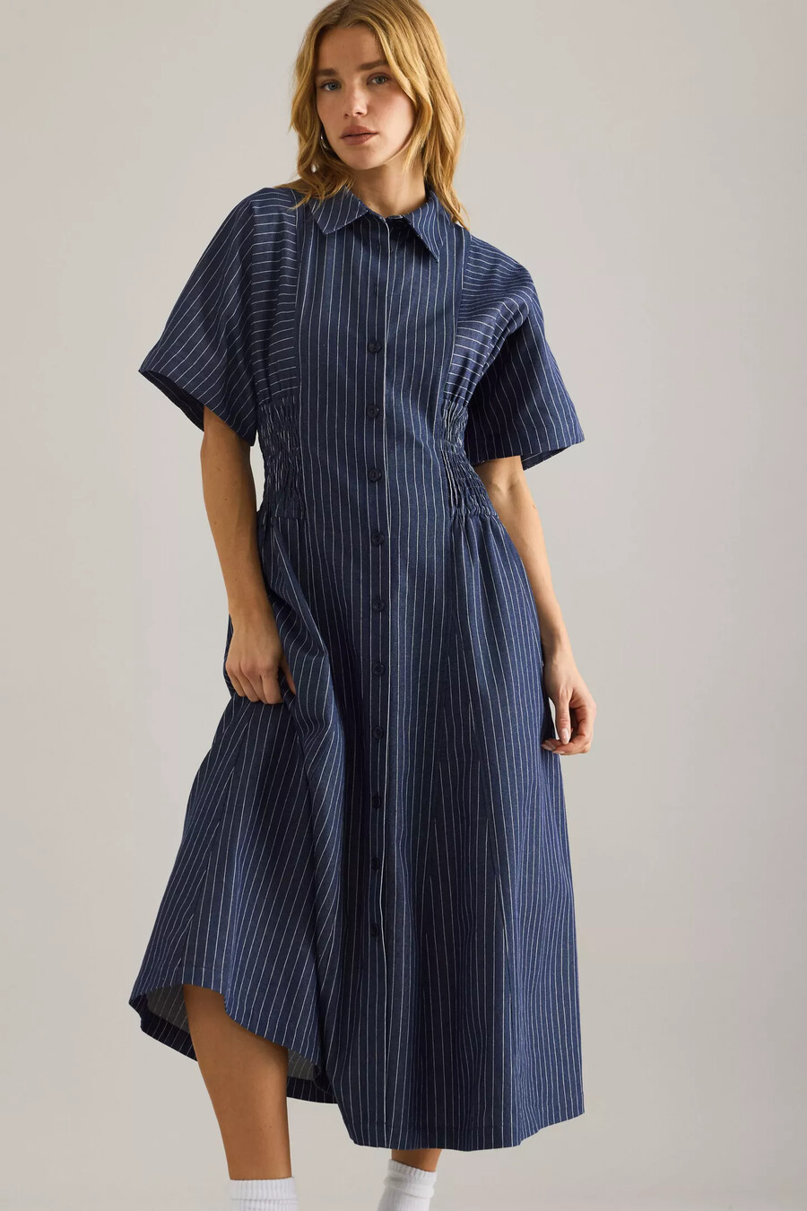 vestido camisero midi de rayas vaqueras poppy de anthropologie