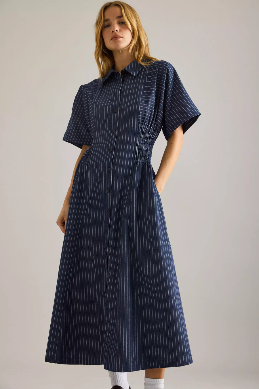 vestido camisero midi de rayas vaqueras poppy de anthropologie