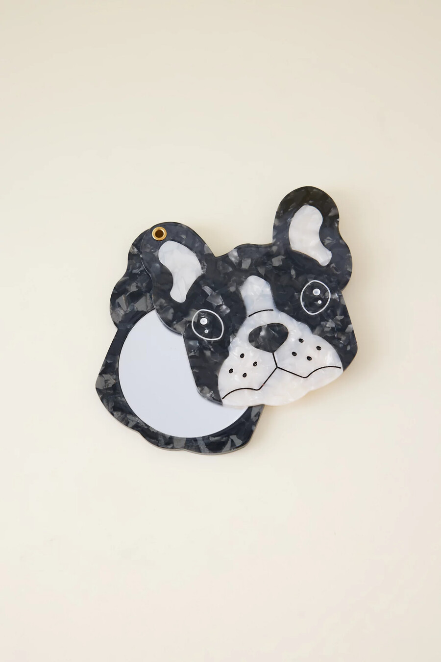 espejo compacto con diseño de perro frenchie con eclipse solar