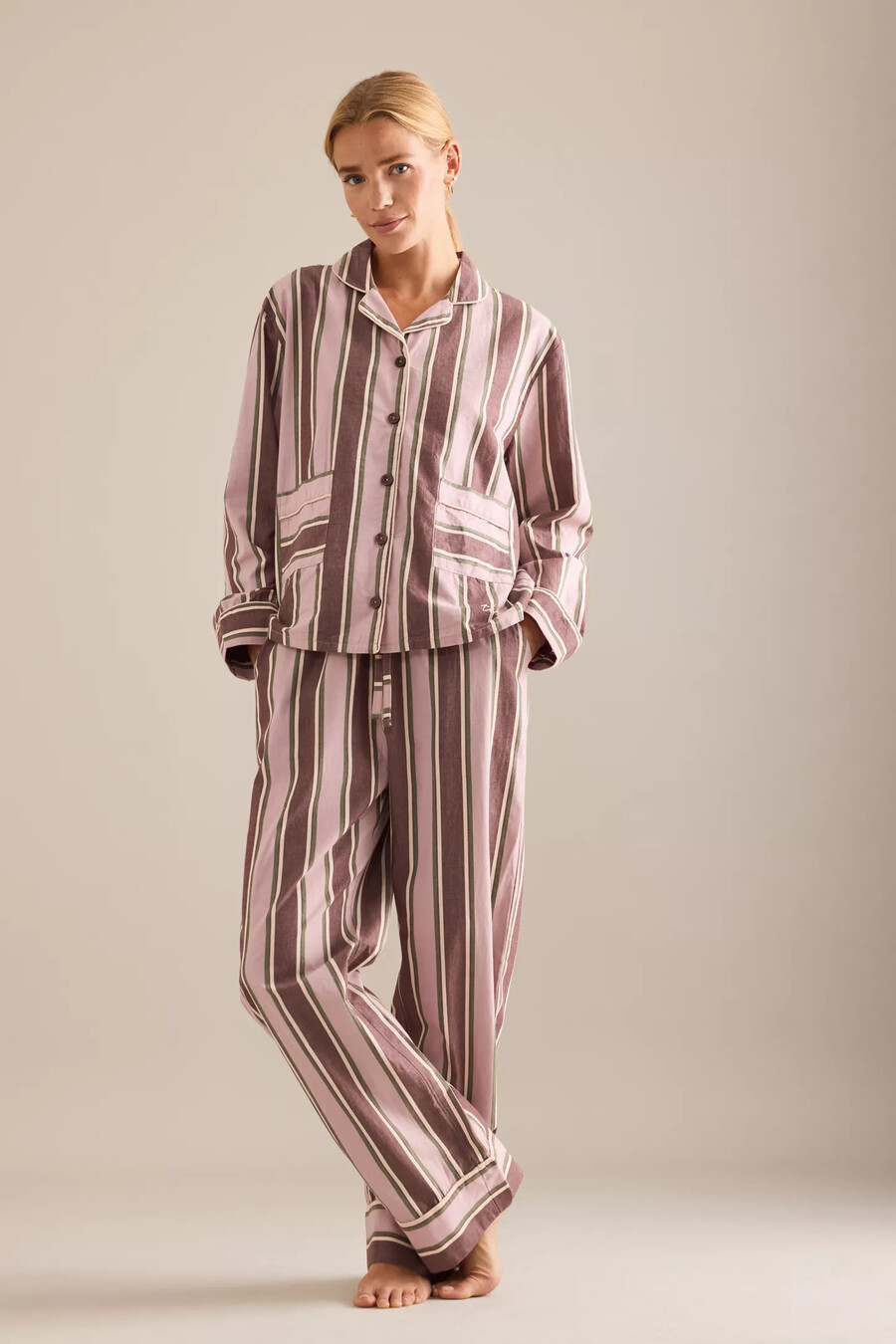 pijama largo de algodón con rayas rosas de tbco