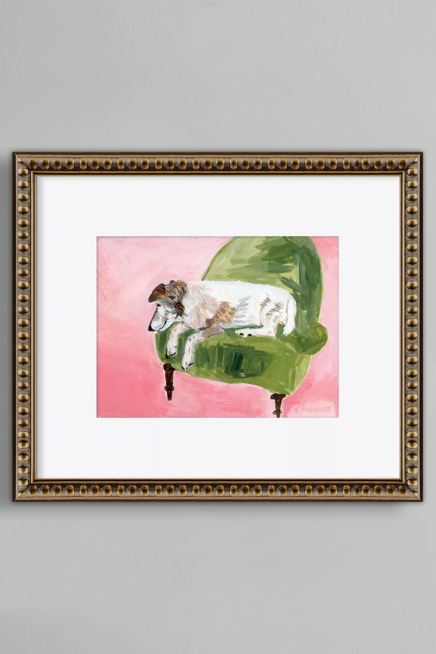 arte de pared enmarcado con perro parisino en silla verde