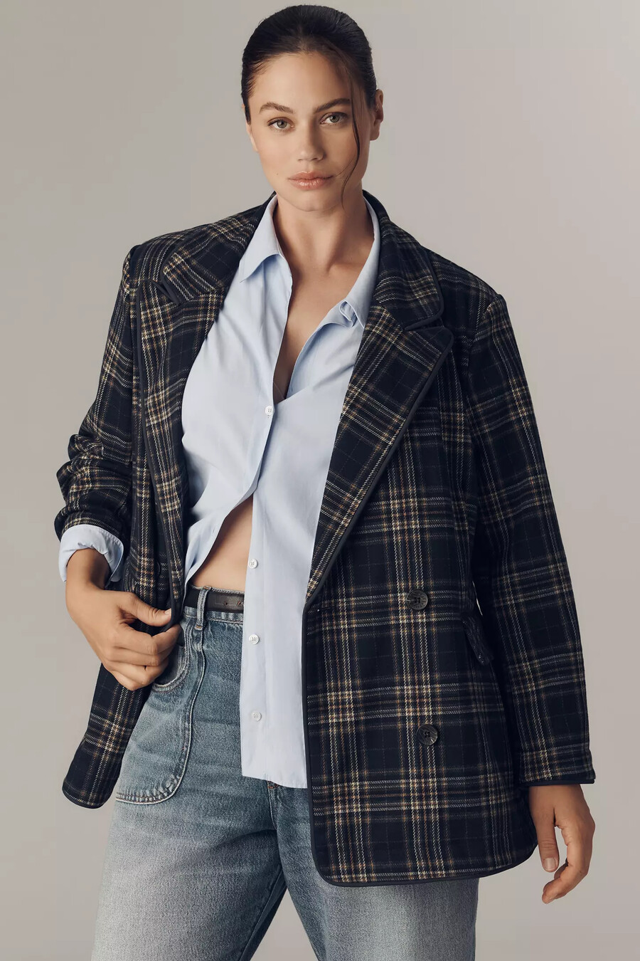 avec les filles blazer de punto con doble botonadura a cuadros