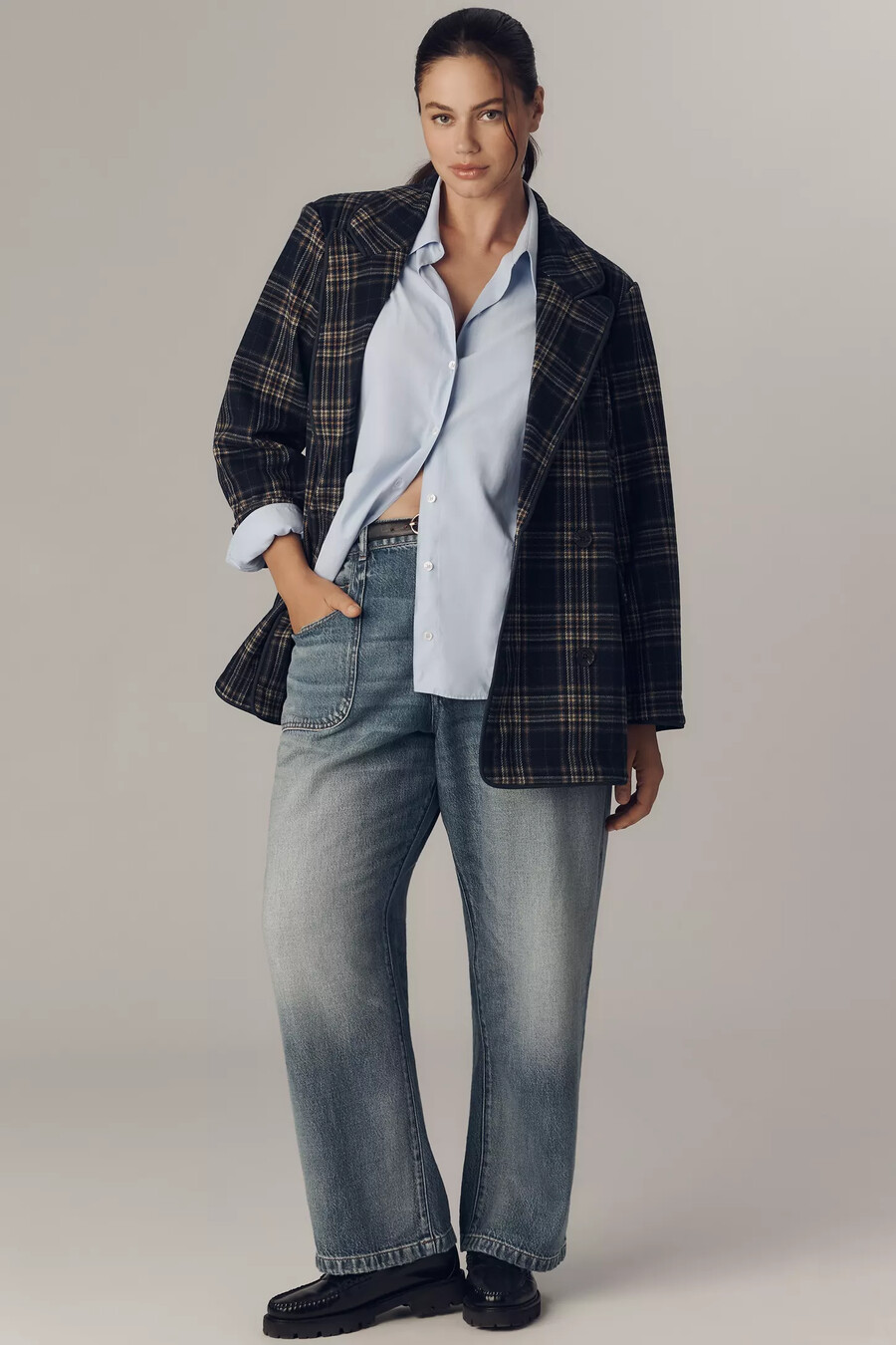 avec les filles blazer de punto con doble botonadura a cuadros