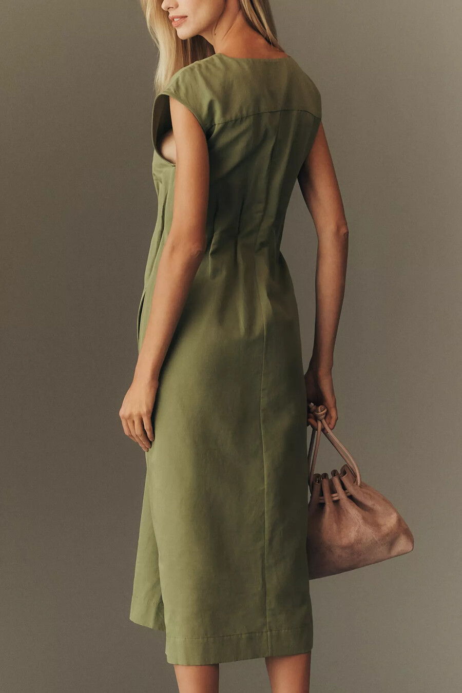 vestido midi de manga corta y cintura alta de mezcla de lino maeve