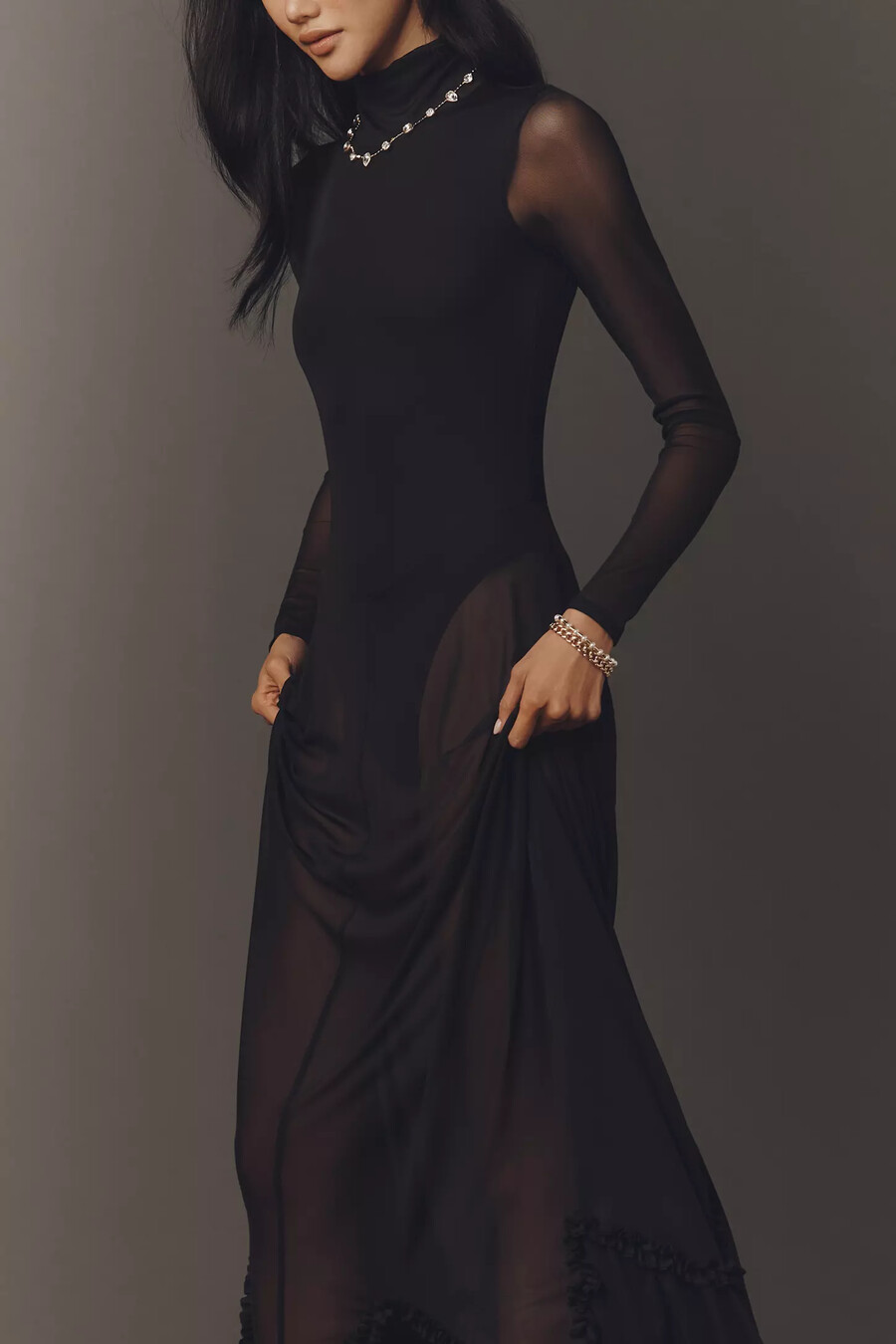 vestido largo de manga larga con cuello alto y estampado floral kira de afrm