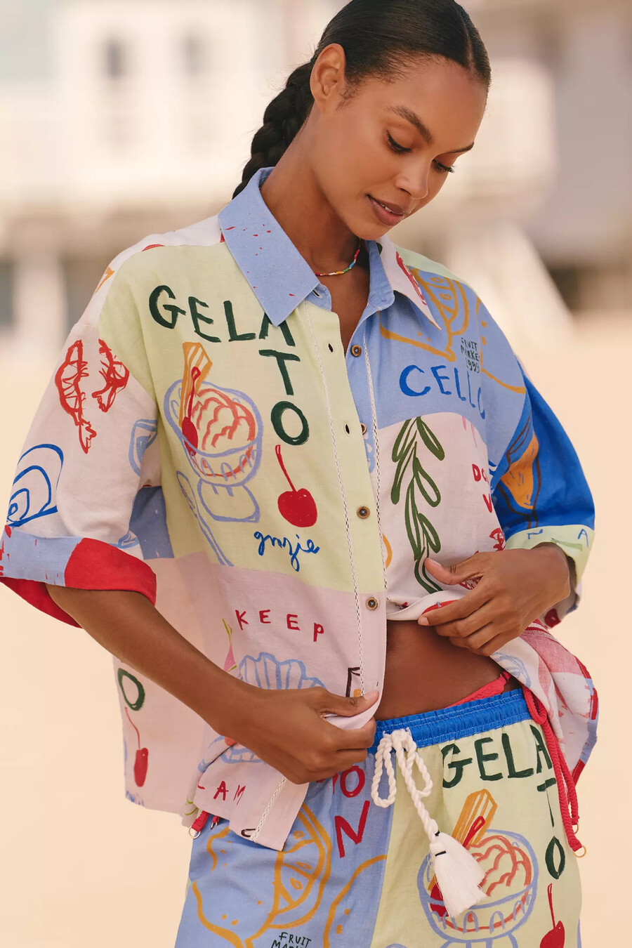 blusa de lino con estampado de bloques de jordan nickson x celandine