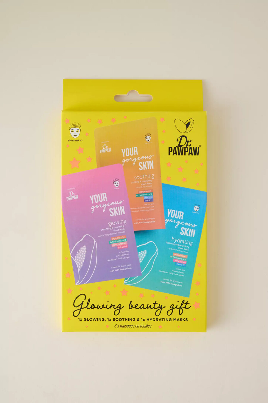 set de regalo de mascarillas de tela dr. paw paw glowing beauty