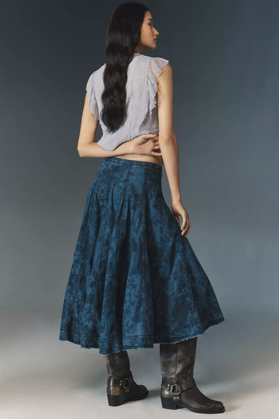 falda midi de mezclilla con estampado de pilcro