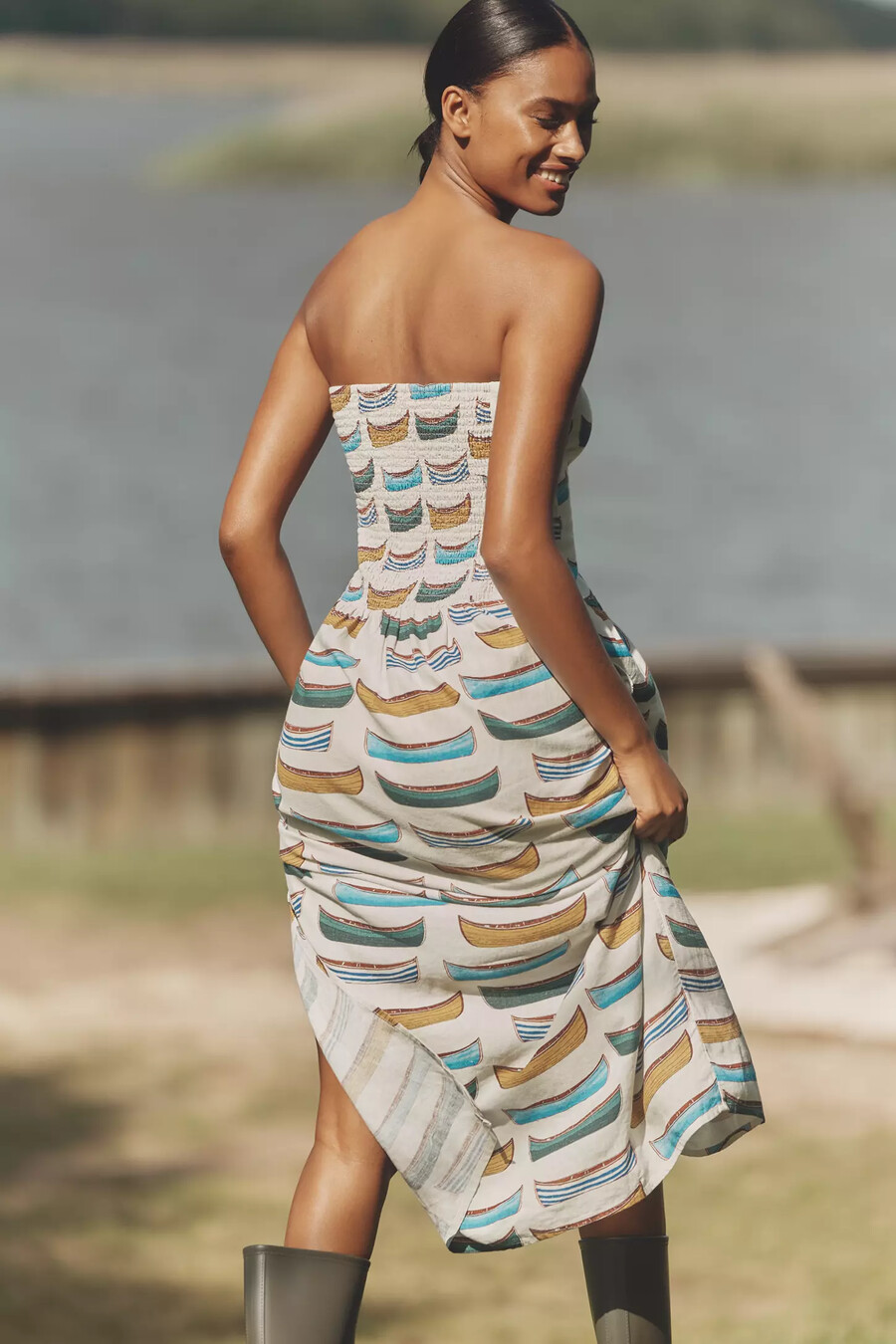 vestido largo de lino de celidonia sin tirantes y cintura baja