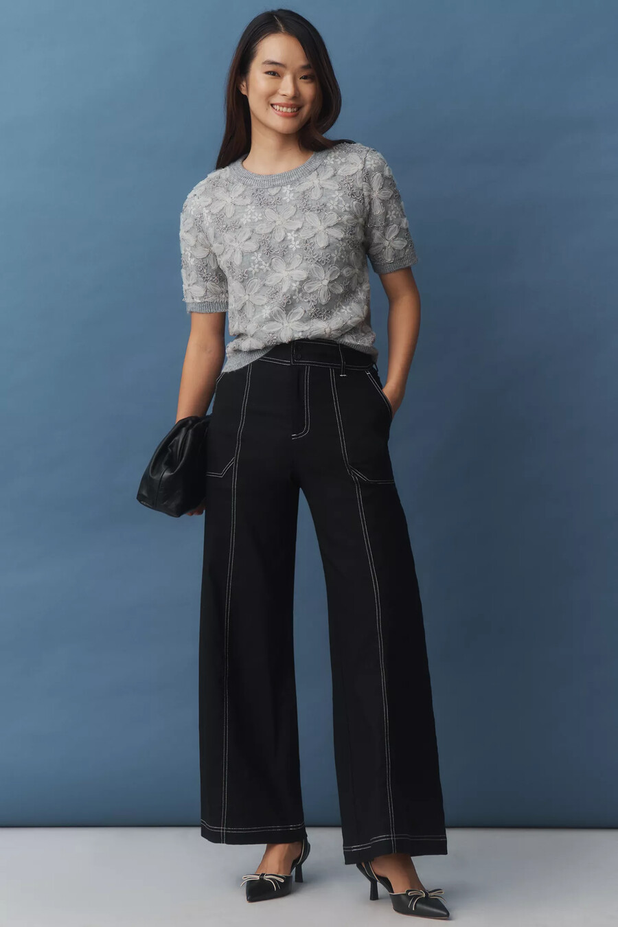 pantalones anchos de mezcla de lino con pespuntes de maeve
