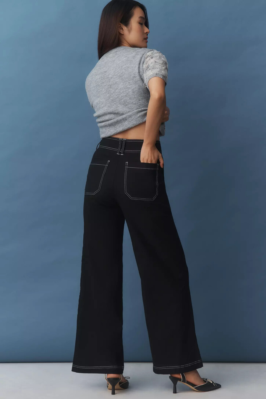 pantalones anchos de mezcla de lino con pespuntes de maeve