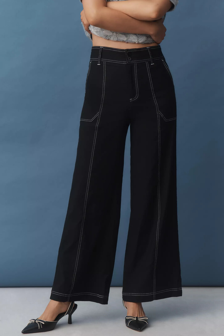 pantalones anchos de mezcla de lino con pespuntes de maeve