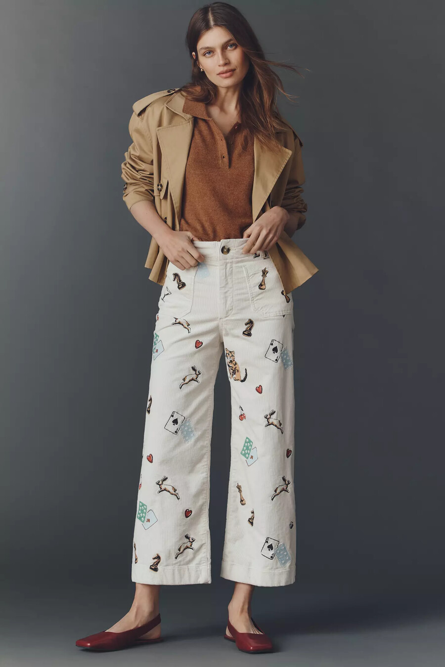 pantalones anchos de pana con estampado de corte crop de colette