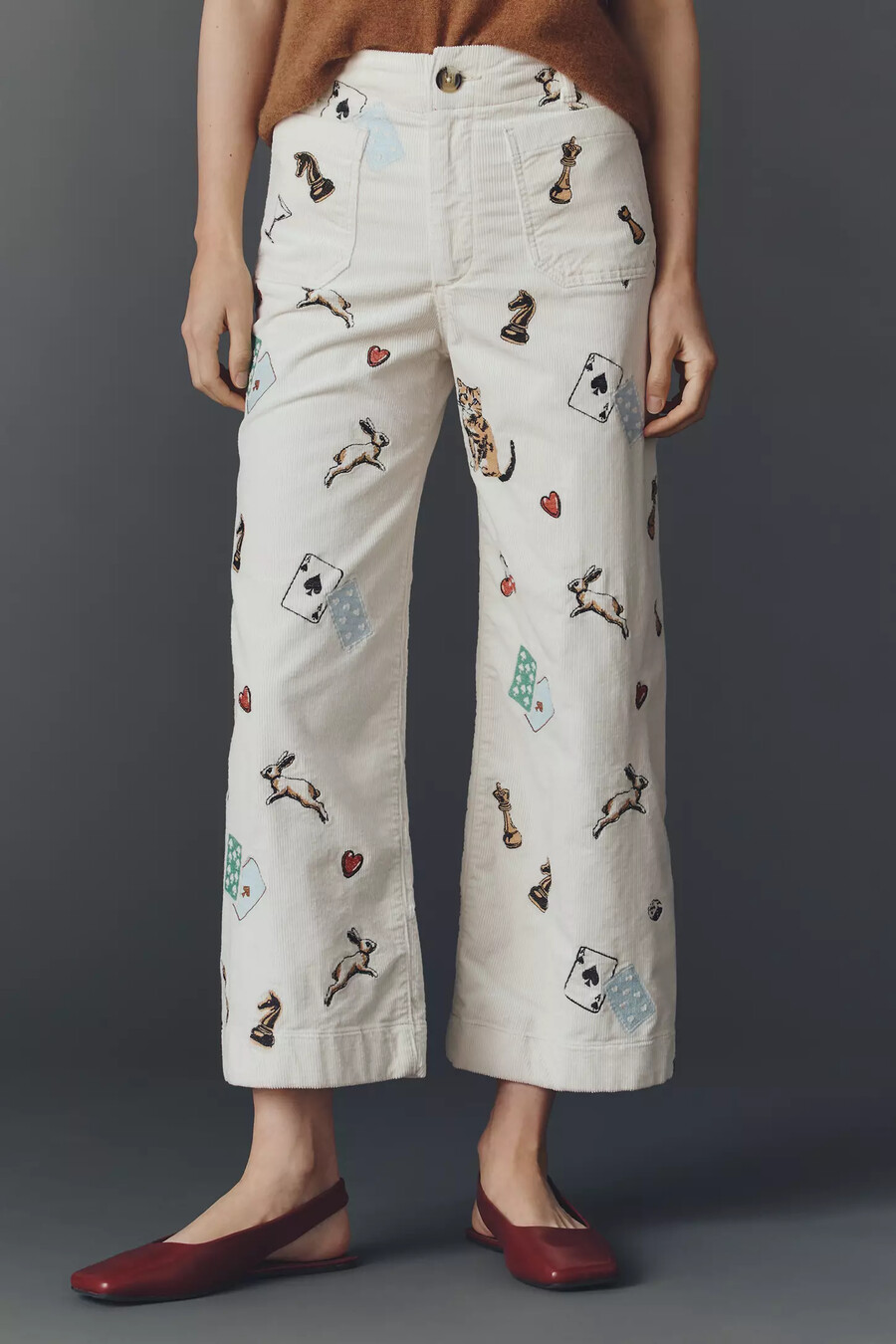 pantalones anchos de pana con estampado de corte crop de colette