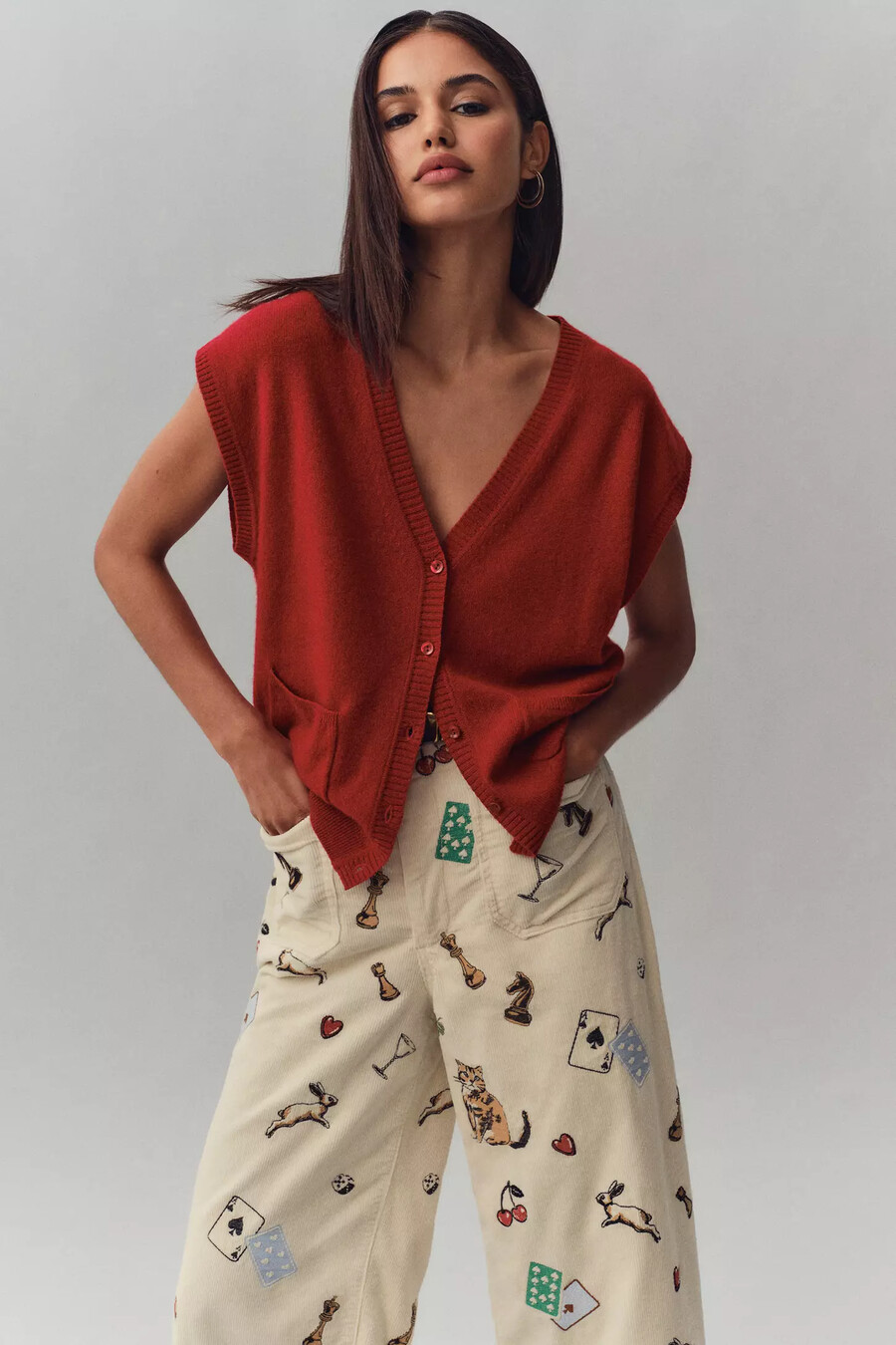 pantalones anchos de pana con estampado de corte crop de colette