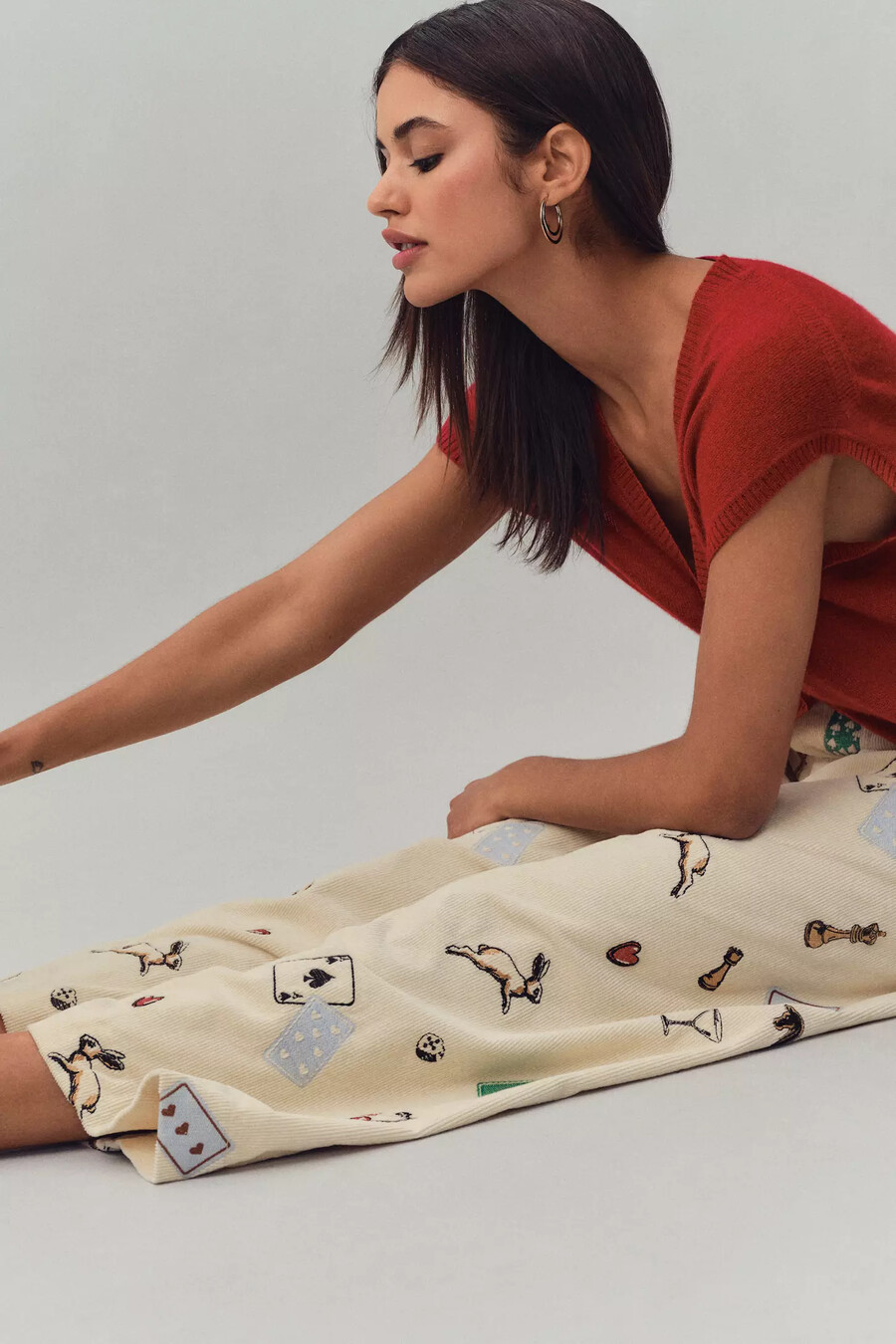 pantalones anchos de pana con estampado de corte crop de colette