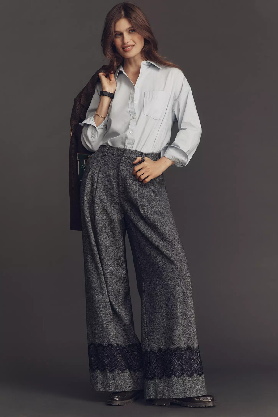 pantalones de tweed con encaje y pernera ancha plisados avery de maeve