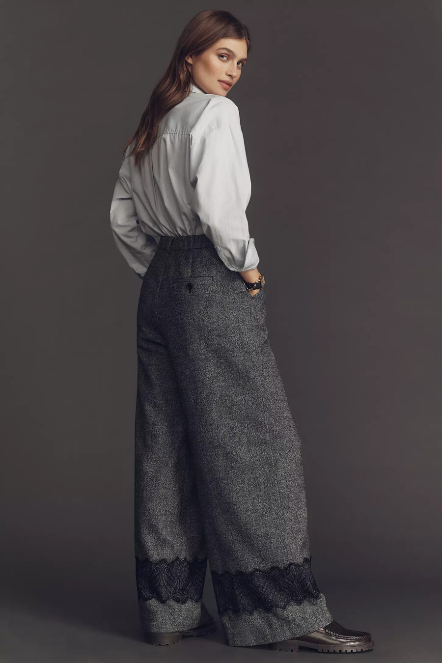 pantalones de tweed con encaje y pernera ancha plisados avery de maeve