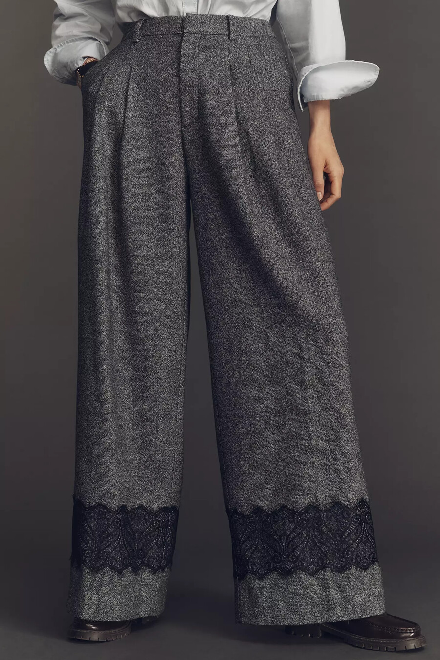 pantalones de tweed con encaje y pernera ancha plisados avery de maeve